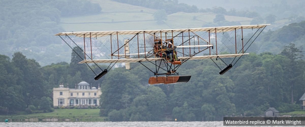 Waterbird replica flying over lake Windermere © Mark Wright